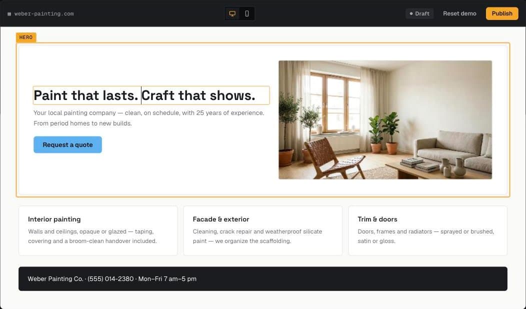 Das Editkraft-Studio im Einsatz: Ein Hero-Block ist zum Bearbeiten ausgewählt, oben die Leiste mit Entwurfs-Status und Publish-Button